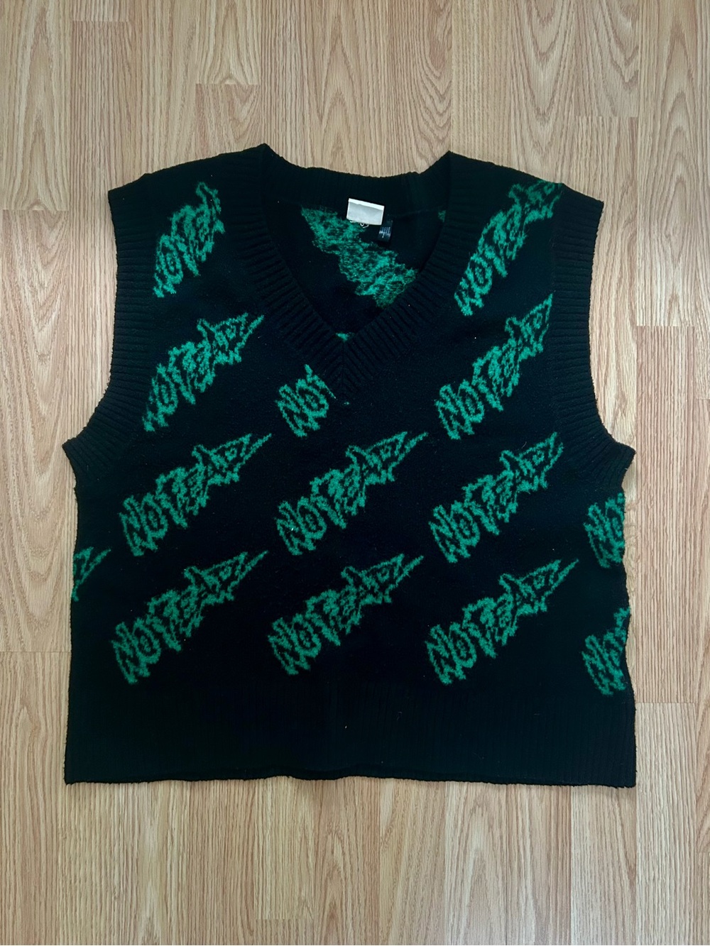 No Fear X H&M Black Knit V-Neck Sweater Vest with Green Graphic Logo